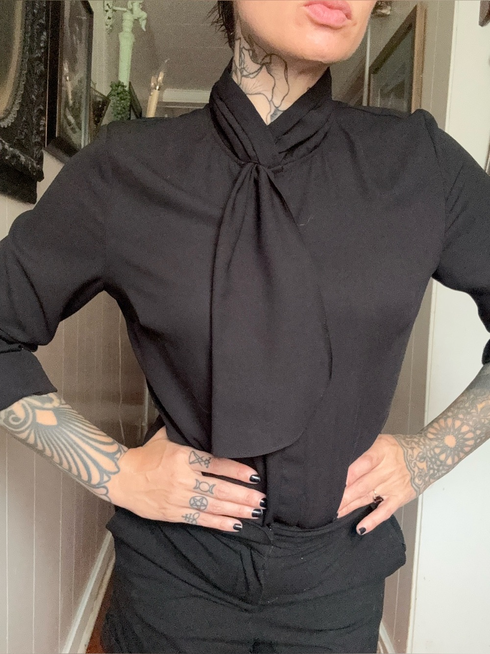 RoyalMonk Black Tie Neck Button-Down Blouse